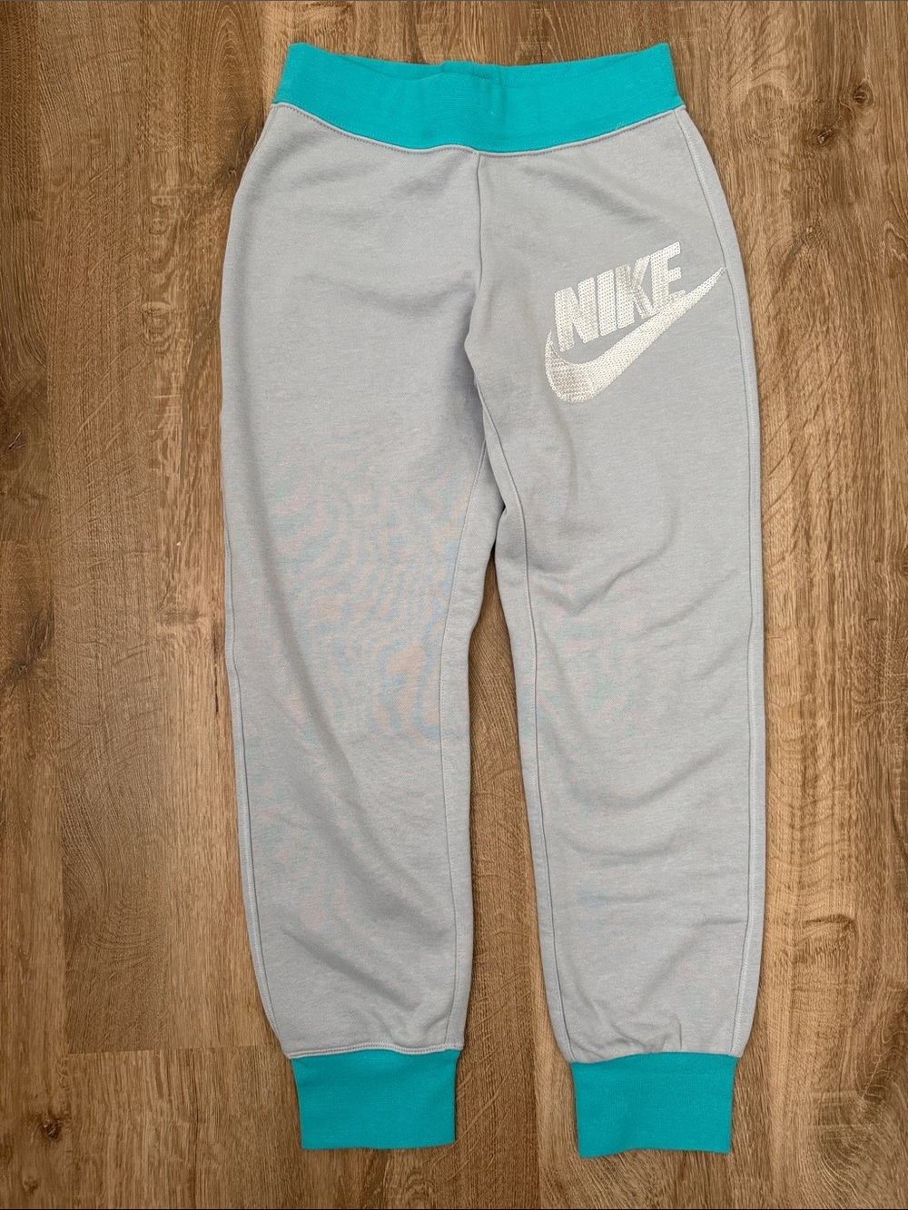 Nike Light Gray Sweatpants with Teal Waistband & Cuffs, Size Large